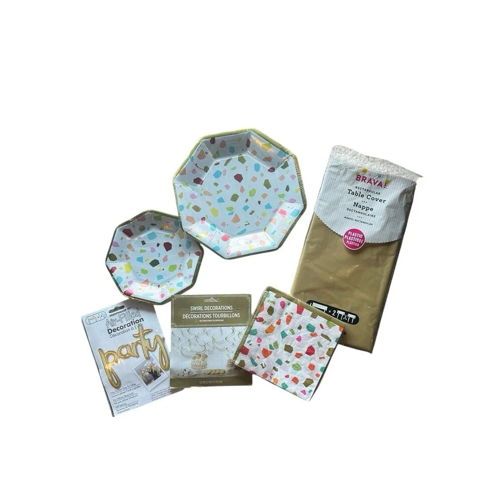 Party Supplies Bundle 6 Rainbow Confetti Terrazzo Plates Gold Table Cover Decor